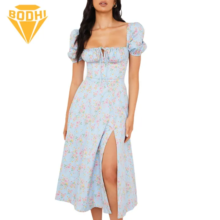 Unique Sleeve Dress Boho Floral Maxi Dress with Drawstring Ruched Front Split Detail Summer Casual Square Neck Midi Dress for Women Women Fit Style Dress