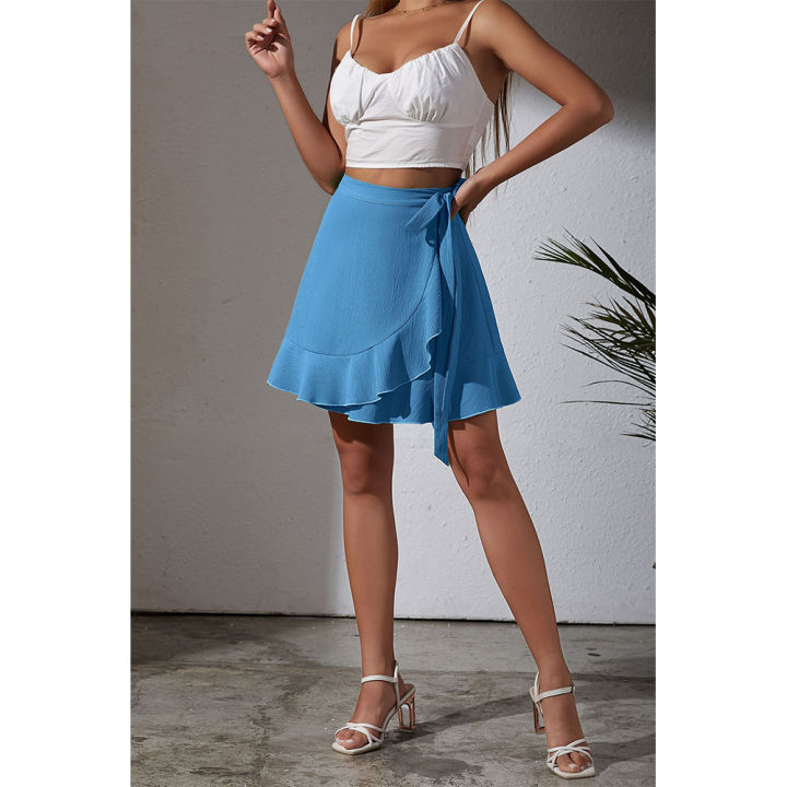 Yfashion%20Women%20Ruffle%20Skirt%20Summer%20Elegant%20High%20Waist%20Lace-up%20Simple%20Solid%20Color%20Short%20Skirt%20For%20Date%20Beach%20Party%20-%20Image%203