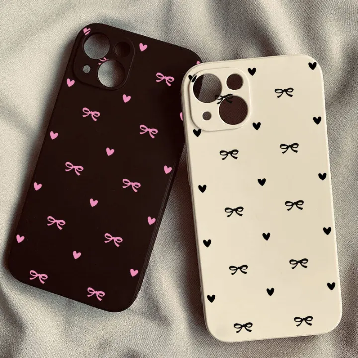 Korean Cute Pink Bow Phone Case for IPhone 16 15 14 12 11 Pro Max 13 Mini XR XS X 7 8 Plus Love Heart Soft Square Silcone Cover