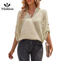 Yfashion Women V-neck Shirt Casual Long Sleeves Loose Tops Simple Solid Color Pullover Tops For Date Party Beach. 