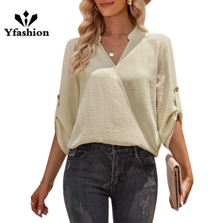 Yfashion%20Women%20V-neck%20Shirt%20Casual%20Long%20Sleeves%20Loose%20Tops%20Simple%20Solid%20Color%20Pullover%20Tops%20For%20Date%20Party%20Beach%20-%20Image%209