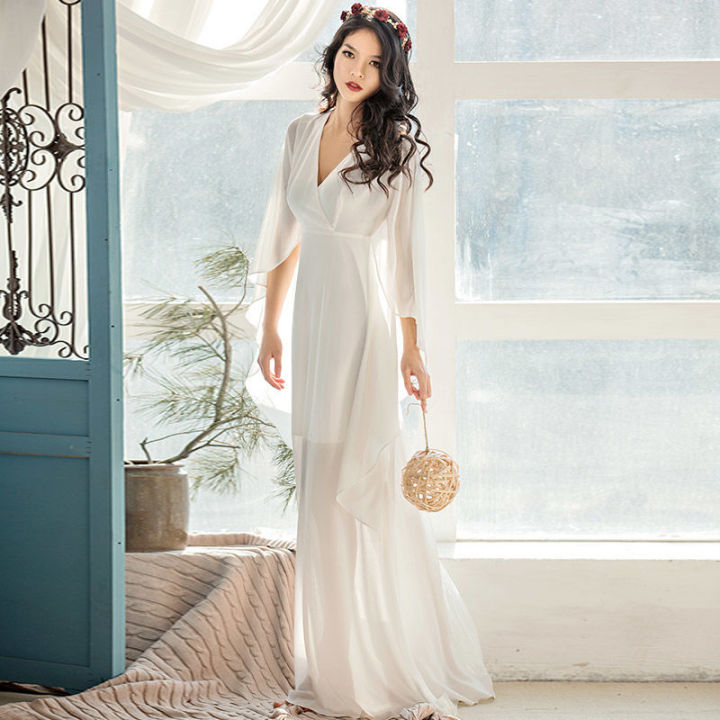Chiffon Dress 2023 Spring and Summer Half Sleeve Retro High Waist Pure Color Slim Fit Slimming V Lingxian Elegant Female Dress