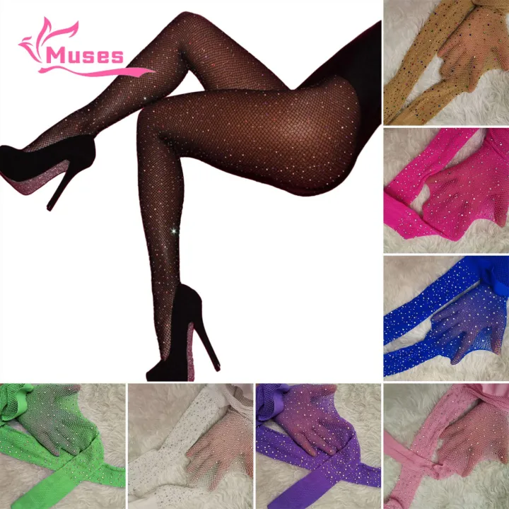 Muses Mall Stockings Sparkling Rhinestone Fishnet Pantyhose for Party Club Look High Elasticity Anti-slip Design Favorite Ultra-thin Fishnet Stockings