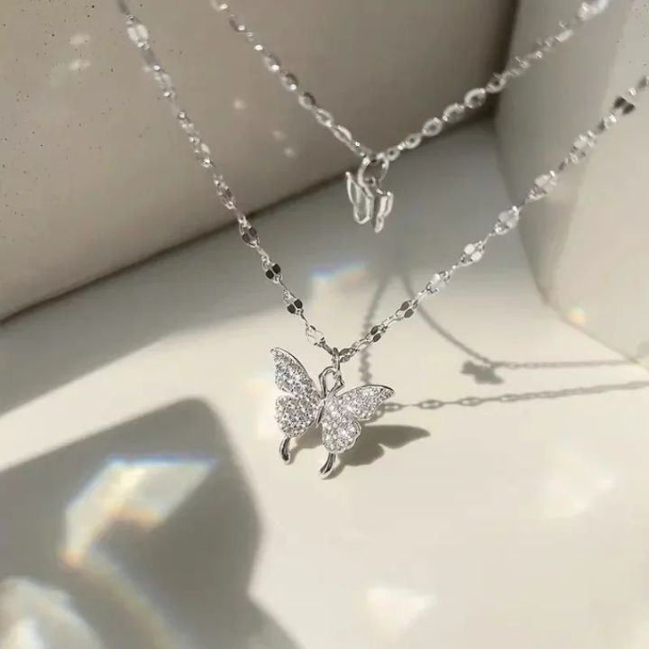 New Elegant Silver color Shiny Butterfly Necklaces Ladies Exquisite Double Layer Clavicle Chain Necklace Jewelry Gift