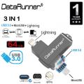 DataRunner OTG Drive 3 IN 1 USB A 3.0 Lightning Micro USB 64GB USB Pen Flash Memory Drive. 