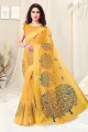 Women's Cotton Blend Satin Woven Border Designer Madhubani Printed Saree with Blouse Piece (Mustard). 