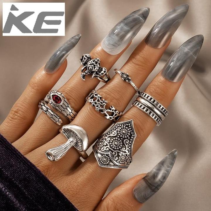 7pcs/set Vintage Silver Color Rings Set for Women Mushroom