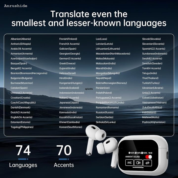 Anrushide UYUXIO Noise Cancelling AI Language Translator Earbuds 144 Languages Bargain price Translator Device and Accents 8 Offline Language Earphones