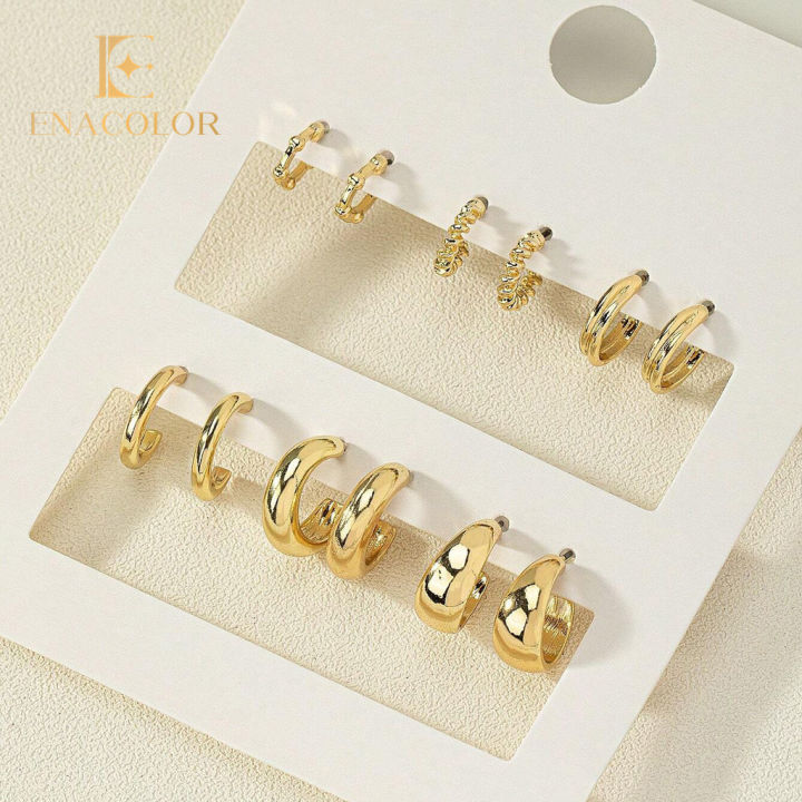 Enacolor 6Pairs/Set Vintage Twist Geometric Circle Hoop Earrings for Women Gold Metal Fashion Accessoreis Jewelry