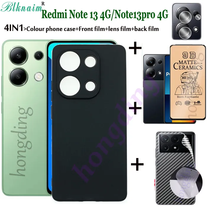 BLKNAIM 4in1 For Xiaomi Redmi Note 13 4G/ Redmi Note 13Pro 4G Phone Case Soft Silicone Phone Case+Ceramic Membrane tempered glass+Lens Film+Back Cover