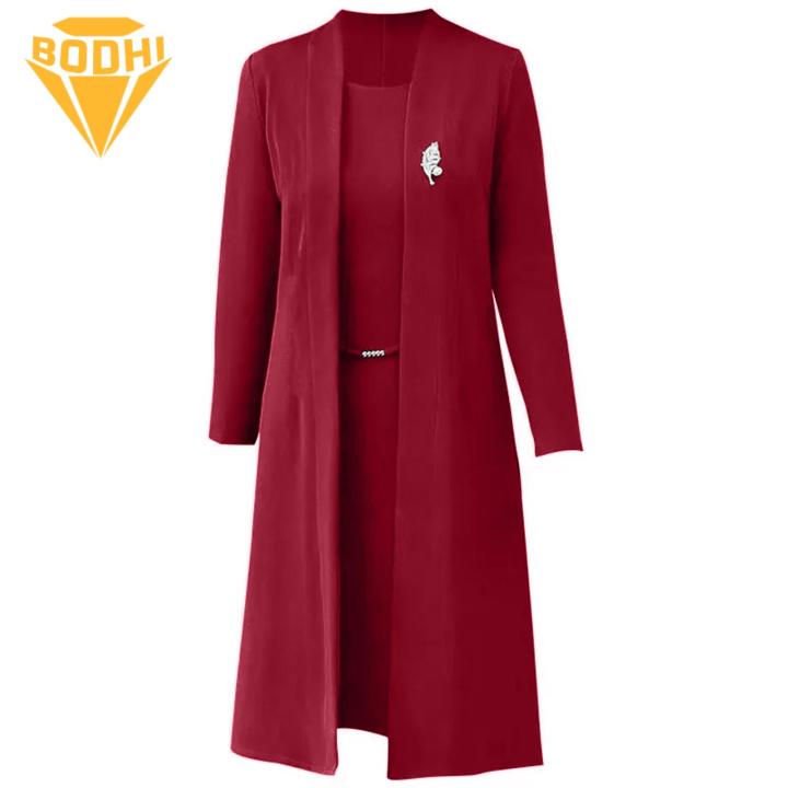 Comfortable%20Women%20Suit%20Spring%20Fall%20Women's%20Elegant%20Solid%20Color%20Long%20Cardigan%20Dress%20Suit%20Set%20for%20Middle-aged%20Ladies%20Sleeveless%20O%20Neck%20Open%20Front%20Coat%20Kit%20Women%20Dress%20Coat%20Suit%20-%20Image%203
