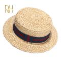 【ComfyCrossing】Summer Female Natural Stiff Wheat Straw Boater Fedora Top Flat Hat Women Beach Flat Brim Cap With Red Navy Stripe Ribbon RH. 