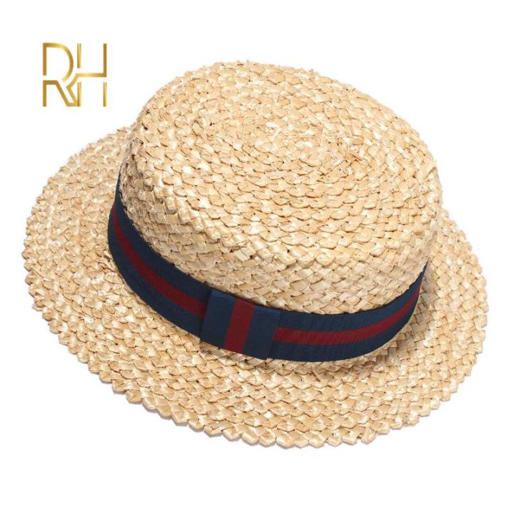 %E3%80%90ComfyCrossing%E3%80%91Summer%20Female%20Natural%20Stiff%20Wheat%20Straw%20Boater%20Fedora%20Top%20Flat%20Hat%20Women%20Beach%20Flat%20Brim%20Cap%20With%20Red%20Navy%20Stripe%20Ribbon%20RH%20-%20Image%204