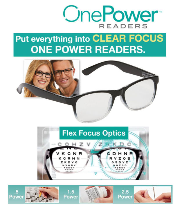 ONE POWER Reading Glasses Universal Power +.5 To +2.50 Flex Focus Optics For Men & Women
