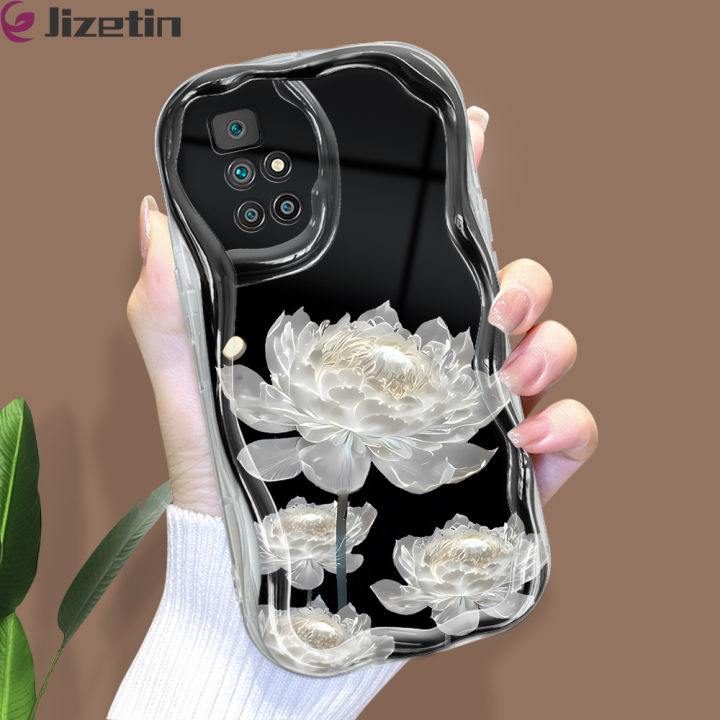Jizetin for Redmi 10 Back Cover White Lotus Flowers Wavy Edge Soft Silicone Phone Case