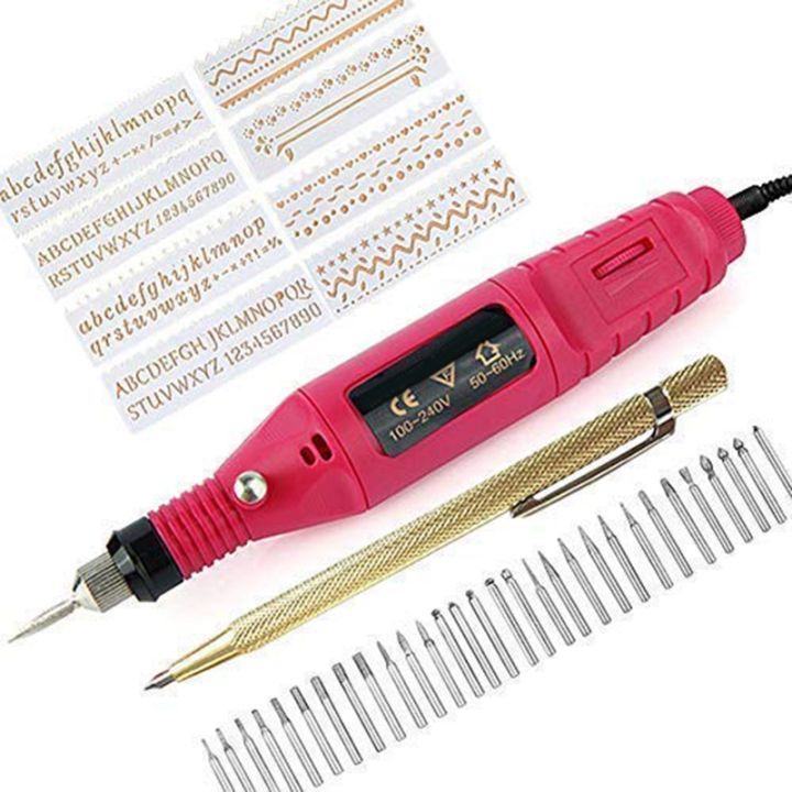 Electric Mini Engraver Pen Mini Diy Engraving Tool Kit For Metal Glass Ceramic Plastic Wood Jewelry With Scriber er 30 Bits And 8 Stencils(Us Plug)