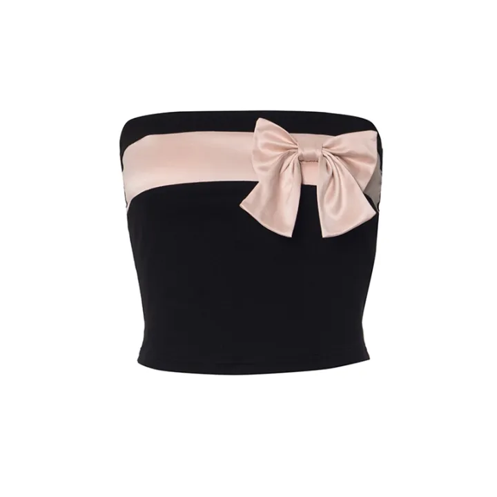 Women's Slim Tube Tops Satin Bow Contrast Color Bandeau Show Navel Tank Tops Streetwear