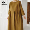 Yfashion Women Cotton Loose Large Size Dress Cotton Linen Round Neck Pullover Casual Simple Solid Color Large Swing Dress. 