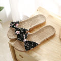 Women Flax Slippers Summer Casual Slides Beach Shoes Ladies Indoor Linen Slippers Bohemia Floral Bow Flip Flops Sandals. 