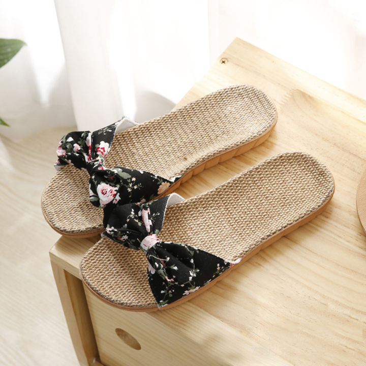 Women Flax Slippers Summer Casual Slides Beach Shoes Ladies Indoor Linen Slippers Bohemia Floral Bow Flip Flops Sandals