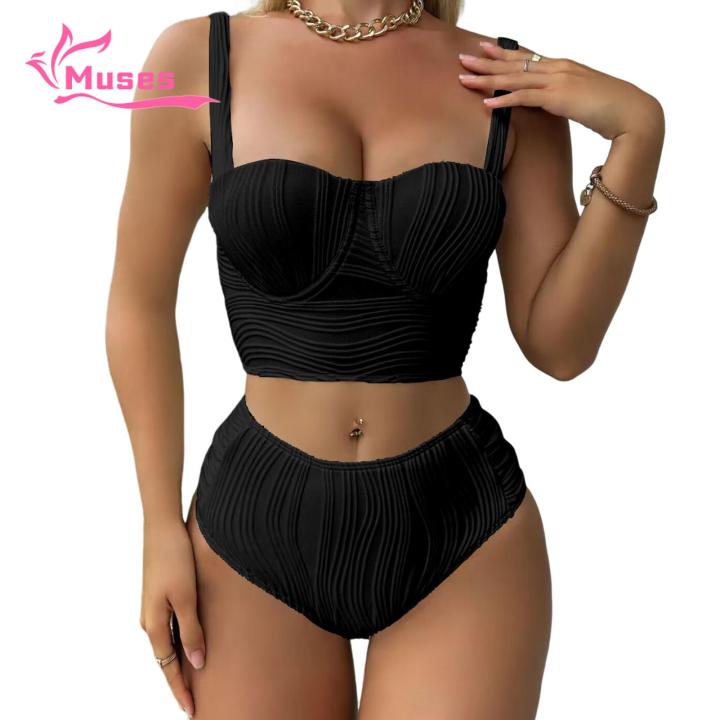 Muses Mall Women Tankini Swimsuit High Waist Bikini Set with Underwire Bra for Women Quick Dry Beachwear in Solid Colors 2pcs/set Women Summer Swimwear