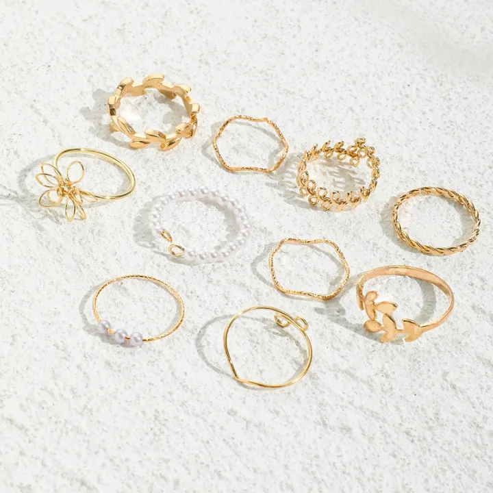 10Pcs/Set%20Fashion%20Geometric%20Adjustable%20Open%20Ring%20Women%20Elegant%20Party%20Rings%20Jewelry%20Pearl%20Flower%20Leaf%20Vine%20Ring%20Set%20-%20Image%203