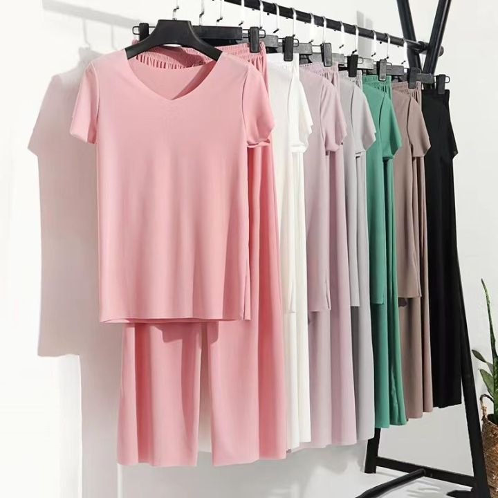 Women's%20Pajamas%20Summer%20Suit%20Ice%20Silk%20Thin%20Homewear%20Can%20Be%20Worn%20outsideVCollar%20Short%20Sleeve%20Wide%20Leg%20Pants%20Two-Piece%20Set%20Loose%20Outfit%20-%20Image%207