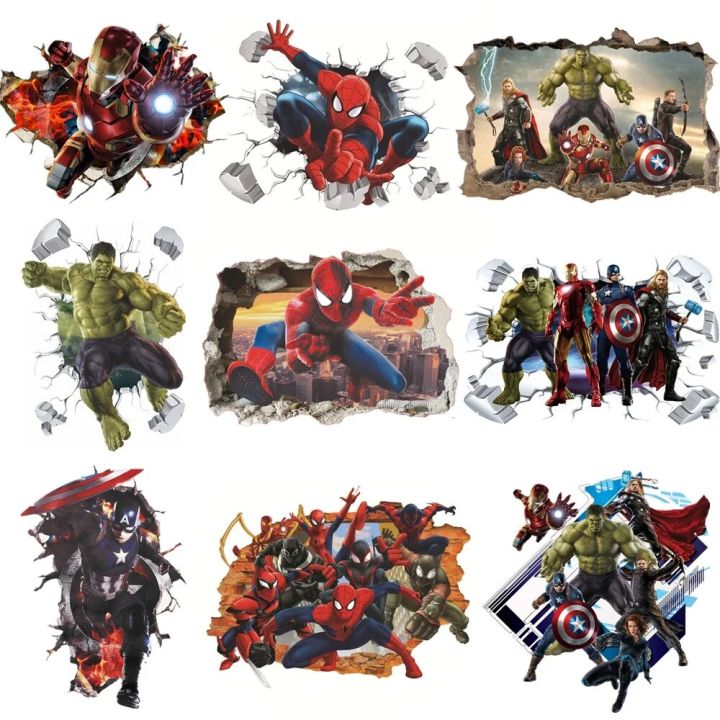 wall stickers Spiderman Avengers Wall Sticker Children Bedroom Wallpaper Boys Kids Room Poster 3d Self-adhesive Vinyl Decals Home Decor Mural
