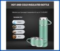 Green Vacuum Flask Set, 3 in 1 Vacuum Insulated Thermo Flasks 500ml with 3 cups Gift Set (in Gift Box). 