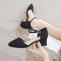 2023New Summer All-Match Closed Toe Sandals Fairy Style Gentle Mid Heel Chunky Heel College Students Outer Wear Pumps. 