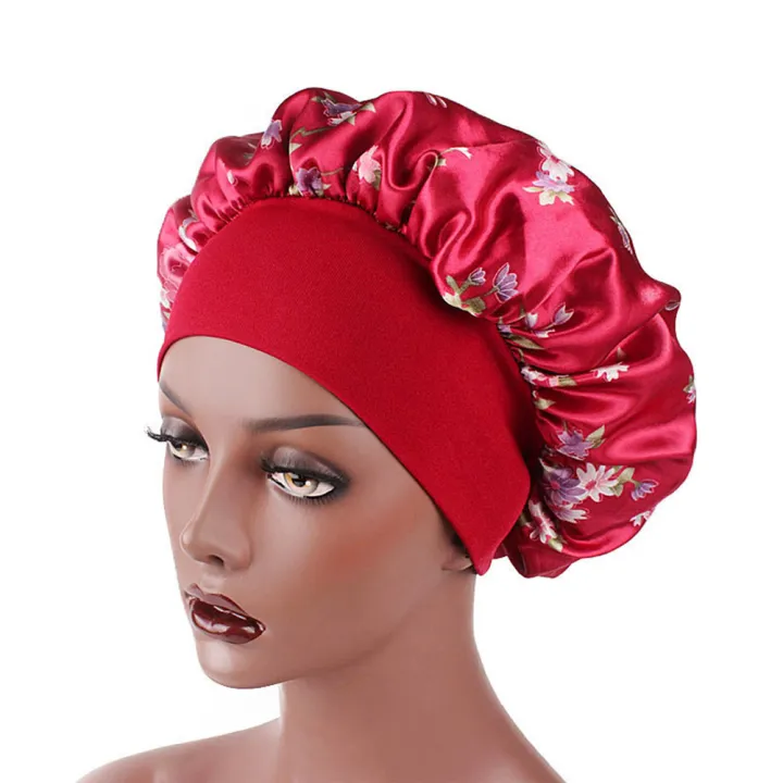 Women%20Fashionable%20Floral%20Print%20Satin%20Wide%20Edges%20Sleep%20Caps%20Hair%20Care%20Bonnet%20-%20Image%203