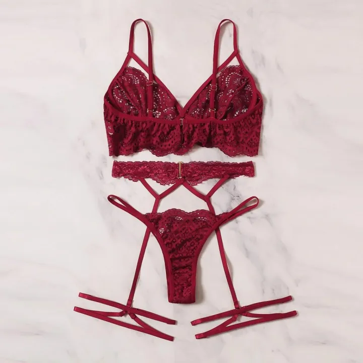 New%20Women%20Sexy%20Lace%20Bra%20Hollow%20Thong%20Garter%20Sleepwear%20Black%20Lingerie%20Set%20S-XL%20-%20Image%207