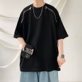 American Retro Double Zipper Short Sleeve T Men's Shirt Summer Hong Kong Style All-Match Loose High Street round Neck Half-Sleeve Top. 