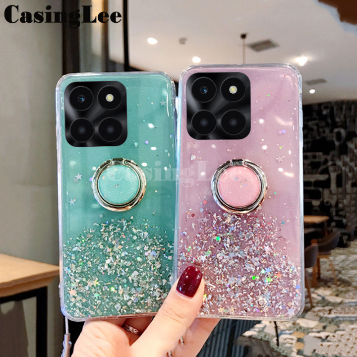 For Honor X6A case Shiny Ring Glitter Soft Transparent Holder Stand Back Cover with ring Stars Moon Girls Cover For Honor X6A Back Cover Phone Cases