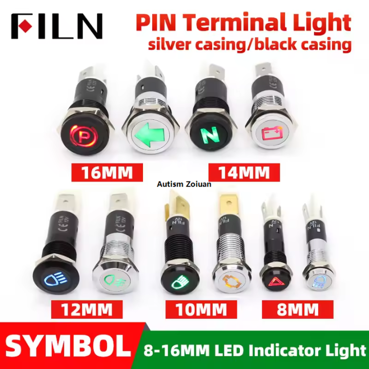 Indicator light shell black 24V pin metal 16mm/12/10/8 FILN 14/symbol LED indicator light 212V car dashboard indicator light