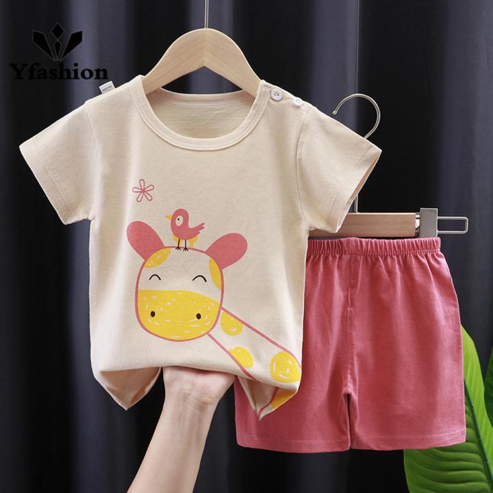 Yfashion 2pcs Summer Cotton T-shirt Suit For Boys Cotton Girls Cartoon Printing Short Sleeves Tops Shorts For 0-8 Years Old Kids