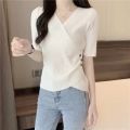 Summer French Minority Design Sense v Collar Slim Top Ice Silk Short Sleeve Bottoming Sweater T T-shirt Women's Spring and Autumn Thin Fashion. 