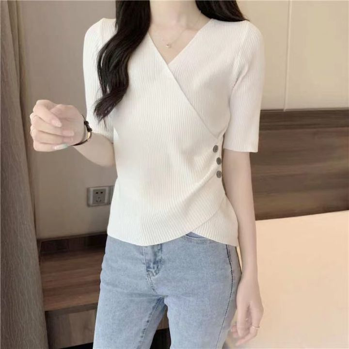 Summer French Minority Design Sense v Collar Slim Top Ice Silk Short Sleeve Bottoming Sweater T T-shirt Women's Spring and Autumn Thin Fashion