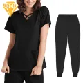 Women Medical Suit 2pcs Unisex Hospital Scrubs Set V-neck Short Sleeve Pockets Elastic Waist Pants Quick Dry Nursing Uniforms Dental Assistant Scrubs. 