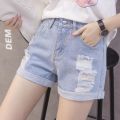Shorts for Women Summer 2024 New Korean Style Loose All-Match Student High Waist Wide Leg Curling Hole Denim chic Hot Pants. 