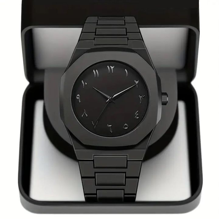 Trending Arabic Aura Watch Stainless Steel Watch High End Luxury Quartz Analog Business Watch Trend Chain Fashion Watch Casual Men Arabian Wrist Watches For Boys Gents Woch - Black Blue Grey TM