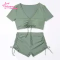 Muses Mall V-neck Swimsuit 2pcs Women's Summer Bikini Set V-neck Short S ve Tops High Waist Drawstring Swimming Trunks Quick Dry Swimsuit Solid Color. 