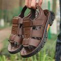 【100%Cowhide】Summer New Men's Sandals Men's Genuine Leather Beach Shoes Men's Non-Slip Massage Men's Sandals. 