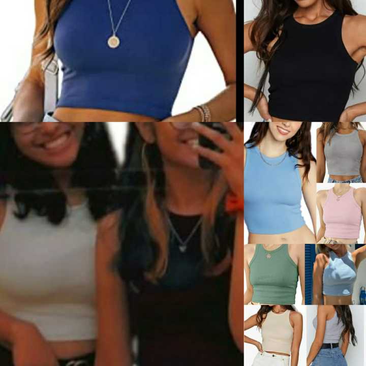 Girls / Women's Round Neck Crop Top, Racerback Camisole Rib-Knit Solid Sleeveless Crop Tank Top