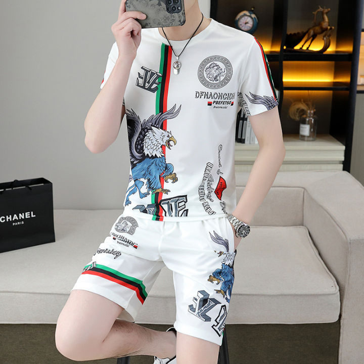 Popular Men's Suits Ice Silk Thin European Goods Jacquard Fashion Short SleeveTT-shirt Shorts Men's Home Wear