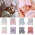 【hot】 Newborn Hospital Hat Baby Hats Nursery Beanie Cap With Bow Cute Stripe Infant Hat Soft Turban Hats For Baby Girls. 