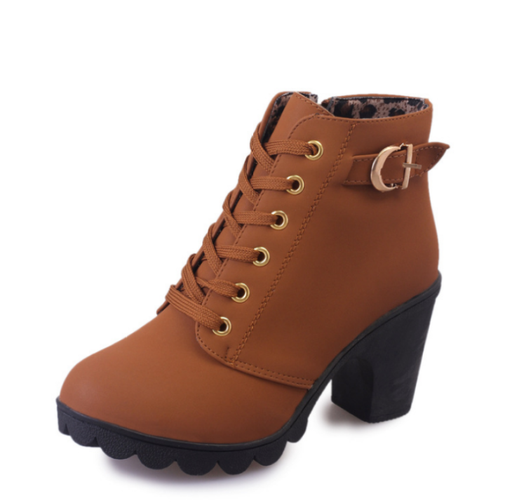 BestGO】Autumn Winter Women Lady PU Leather High Heel Martin Ankle
