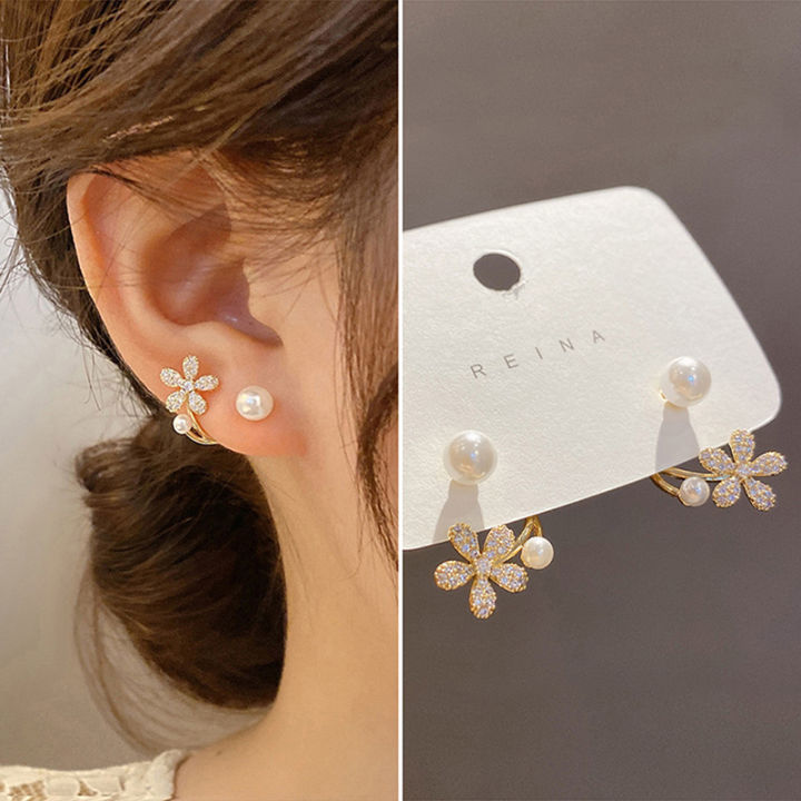 Light Luxury Imitation Pearl Flower Stud Earrings Ladies Fashion Crystal Elegant Jewelry Party Gift