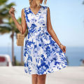 Yfashion Women Floral Dress Sleeveless V Neck High Waist A Line Dress Flowy Swing Shift Dresses With Belt. 