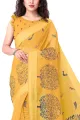 Women's Cotton Blend Satin Woven Border Designer Madhubani Printed Saree with Blouse Piece (Mustard). 